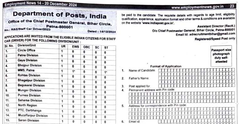 India Post Driver Recruitment 2024 Staff Car Driver Vacancy Apply 